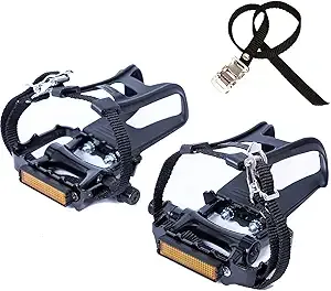 YBEKI All-Terrain Bike Pedals with Toe Clips & Adjustable Straps Dual-Purpose Resin/Alloy Bicycle Pedals 9/16" Spindle - Indoor/Outdoor Use for Exercise/Spin/Road Bikes MTB