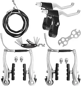 Complete Bike Brakes Set, Universal Bike Front and Rear MTB Brake, Inner and Outer Callipers Cables Lever Kit with Multi-Tool Wrenches Silver