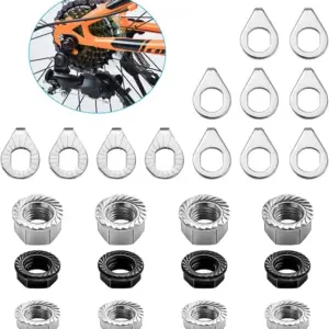 24PCS Bike Nuts and Safety Washers, M8 M9.5 M10 Bicycle Axle Nuts Kit, 3 Sizes Bike Wheel Nuts Washers Black Silver, Bike Hub Nuts for Front Rear Wheel of City Road Mountain Bike (Upgraded)